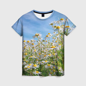 Женская футболка 3D с принтом Ромашковый рай в Санкт-Петербурге, 100% полиэфир ( синтетическое хлопкоподобное полотно) | прямой крой, круглый вырез горловины, длина до линии бедер | лепестки | небо | прикольные картинки | ромашки | солнце | цветочки | цветы
