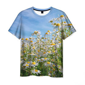 Мужская футболка 3D с принтом Ромашковый рай в Санкт-Петербурге, 100% полиэфир | прямой крой, круглый вырез горловины, длина до линии бедер | лепестки | небо | прикольные картинки | ромашки | солнце | цветочки | цветы