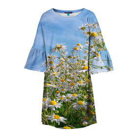 Детское платье 3D с принтом Ромашковый рай в Санкт-Петербурге, 100% полиэстер | прямой силуэт, чуть расширенный к низу. Круглая горловина, на рукавах — воланы | лепестки | небо | прикольные картинки | ромашки | солнце | цветочки | цветы
