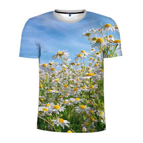 Мужская футболка 3D спортивная с принтом Ромашковый рай в Санкт-Петербурге, 100% полиэстер с улучшенными характеристиками | приталенный силуэт, круглая горловина, широкие плечи, сужается к линии бедра | Тематика изображения на принте: лепестки | небо | прикольные картинки | ромашки | солнце | цветочки | цветы