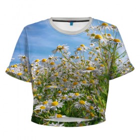Женская футболка 3D укороченная с принтом Ромашковый рай в Санкт-Петербурге, 100% полиэстер | круглая горловина, длина футболки до линии талии, рукава с отворотами | лепестки | небо | прикольные картинки | ромашки | солнце | цветочки | цветы