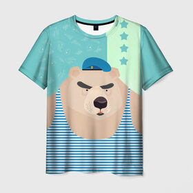 Мужская футболка 3D с принтом Медведь - вдвшник в Санкт-Петербурге, 100% полиэфир | прямой крой, круглый вырез горловины, длина до линии бедер | вдв | военные | военный | воздушные войска | медведь | морпех | нас мало но мы в тельняшках | русский | солдат | тельняшка