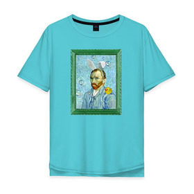 Мужская футболка хлопок Oversize с принтом Детство Ван Гога в Санкт-Петербурге, 100% хлопок | свободный крой, круглый ворот, “спинка” длиннее передней части | автопортрет | ван гог | детство | зайчик | зелёный | личность | портрет | рама | рамка | синий | уточка | ушки