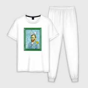 Мужская пижама хлопок с принтом Детство Ван Гога в Санкт-Петербурге, 100% хлопок | брюки и футболка прямого кроя, без карманов, на брюках мягкая резинка на поясе и по низу штанин
 | автопортрет | ван гог | детство | зайчик | зелёный | личность | портрет | рама | рамка | синий | уточка | ушки
