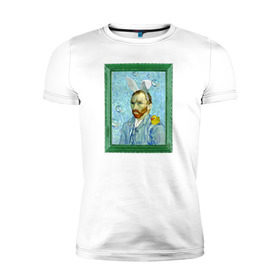 Мужская футболка премиум с принтом Детство Ван Гога в Санкт-Петербурге, 92% хлопок, 8% лайкра | приталенный силуэт, круглый вырез ворота, длина до линии бедра, короткий рукав | автопортрет | ван гог | детство | зайчик | зелёный | личность | портрет | рама | рамка | синий | уточка | ушки