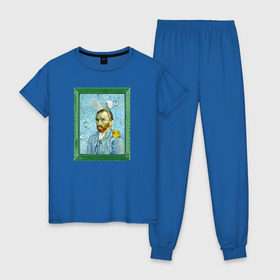 Женская пижама хлопок с принтом Детство Ван Гога в Санкт-Петербурге, 100% хлопок | брюки и футболка прямого кроя, без карманов, на брюках мягкая резинка на поясе и по низу штанин | автопортрет | ван гог | детство | зайчик | зелёный | личность | портрет | рама | рамка | синий | уточка | ушки