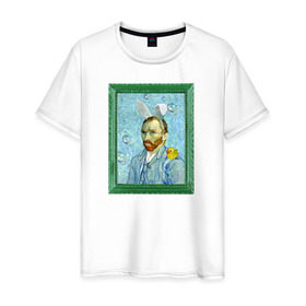Мужская футболка хлопок с принтом Детство Ван Гога в Санкт-Петербурге, 100% хлопок | прямой крой, круглый вырез горловины, длина до линии бедер, слегка спущенное плечо. | автопортрет | ван гог | детство | зайчик | зелёный | личность | портрет | рама | рамка | синий | уточка | ушки