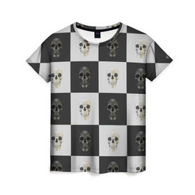 Женская футболка 3D с принтом Skullchess в Санкт-Петербурге, 100% полиэфир ( синтетическое хлопкоподобное полотно) | прямой крой, круглый вырез горловины, длина до линии бедер | хелоуин | череп | черное и белое | шахматы