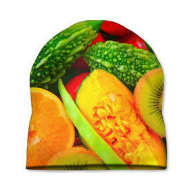 Шапка 3D с принтом Овощи в Санкт-Петербурге, 100% полиэстер | универсальный размер, печать по всей поверхности изделия | Тематика изображения на принте: апельсин | диета | киви | лук | овощ | огурец | помидор