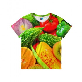 Детская футболка 3D с принтом Овощи в Санкт-Петербурге, 100% гипоаллергенный полиэфир | прямой крой, круглый вырез горловины, длина до линии бедер, чуть спущенное плечо, ткань немного тянется | апельсин | диета | киви | лук | овощ | огурец | помидор