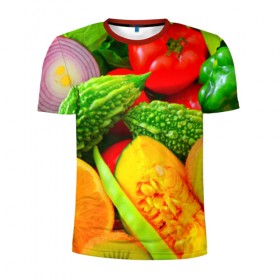 Мужская футболка 3D спортивная с принтом Овощи в Санкт-Петербурге, 100% полиэстер с улучшенными характеристиками | приталенный силуэт, круглая горловина, широкие плечи, сужается к линии бедра | апельсин | диета | киви | лук | овощ | огурец | помидор