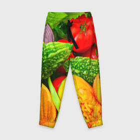 Детские брюки 3D с принтом Овощи в Санкт-Петербурге, 100% полиэстер | манжеты по низу, эластичный пояс регулируется шнурком, по бокам два кармана без застежек, внутренняя часть кармана из мелкой сетки | апельсин | диета | киви | лук | овощ | огурец | помидор