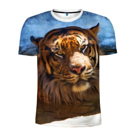 Мужская футболка 3D спортивная с принтом Тигр в Санкт-Петербурге, 100% полиэстер с улучшенными характеристиками | приталенный силуэт, круглая горловина, широкие плечи, сужается к линии бедра | вода | дикая кошка | природа | тигр | хищник