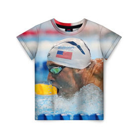 Детская футболка 3D с принтом Майкл Фелпс в Санкт-Петербурге, 100% гипоаллергенный полиэфир | прямой крой, круглый вырез горловины, длина до линии бедер, чуть спущенное плечо, ткань немного тянется | swimming | бассейн | олимпиада | плавание | пловец | рио | фелпс