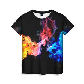 Женская футболка 3D с принтом Битва огней в Санкт-Петербурге, 100% полиэфир ( синтетическое хлопкоподобное полотно) | прямой крой, круглый вырез горловины, длина до линии бедер | красный | огонь | синий