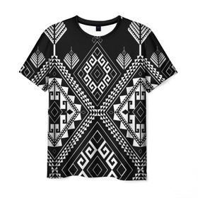 Мужская футболка 3D с принтом Индейские мотивы в Санкт-Петербурге, 100% полиэфир | прямой крой, круглый вырез горловины, длина до линии бедер | вышивка | орнамент | свитер | черно белый