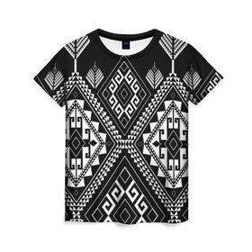 Женская футболка 3D с принтом Индейские мотивы в Санкт-Петербурге, 100% полиэфир ( синтетическое хлопкоподобное полотно) | прямой крой, круглый вырез горловины, длина до линии бедер | вышивка | орнамент | свитер | черно белый