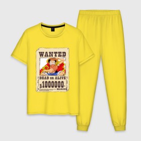 Мужская пижама хлопок с принтом Wanted Luffy в Санкт-Петербурге, 100% хлопок | брюки и футболка прямого кроя, без карманов, на брюках мягкая резинка на поясе и по низу штанин
 | ван пис | луффи | разыскивается