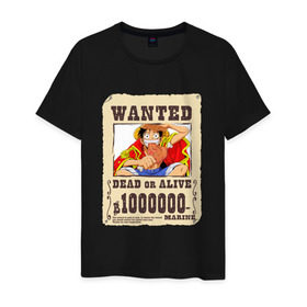 Мужская футболка хлопок с принтом Wanted Luffy в Санкт-Петербурге, 100% хлопок | прямой крой, круглый вырез горловины, длина до линии бедер, слегка спущенное плечо. | ван пис | луффи | разыскивается