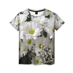 Женская футболка 3D с принтом Белоснежное цветение в Санкт-Петербурге, 100% полиэфир ( синтетическое хлопкоподобное полотно) | прямой крой, круглый вырез горловины, длина до линии бедер | ландыши | лепестки | прикольные картинки | ромашки | цветочки | цветы