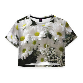 Женская футболка 3D укороченная с принтом Белоснежное цветение в Санкт-Петербурге, 100% полиэстер | круглая горловина, длина футболки до линии талии, рукава с отворотами | ландыши | лепестки | прикольные картинки | ромашки | цветочки | цветы