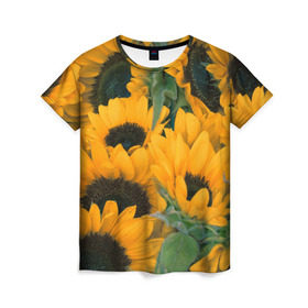 Женская футболка 3D с принтом Подсолнухи в Санкт-Петербурге, 100% полиэфир ( синтетическое хлопкоподобное полотно) | прямой крой, круглый вырез горловины, длина до линии бедер | желтый | зеленый | лето | подсолнухи | цветы | черный