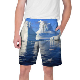 Мужские шорты 3D с принтом Айсберг в Санкт-Петербурге,  полиэстер 100% | прямой крой, два кармана без застежек по бокам. Мягкая трикотажная резинка на поясе, внутри которой широкие завязки. Длина чуть выше колен | айсберг | антаркида | арктика | вода | лёд | океан | отражение | север | солнце | холод
