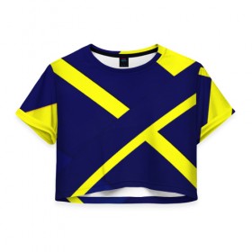 Женская футболка 3D укороченная с принтом Аirfoil в Санкт-Петербурге, 100% полиэстер | круглая горловина, длина футболки до линии талии, рукава с отворотами | геометрия | желтый | линии | темно синий
