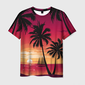 Мужская футболка 3D с принтом Пальмы в Санкт-Петербурге, 100% полиэфир | прямой крой, круглый вырез горловины, длина до линии бедер | лето | море | пальмы
