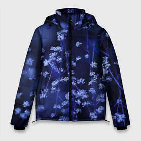 Мужская зимняя куртка 3D с принтом Ночные цветы в Санкт-Петербурге, верх — 100% полиэстер; подкладка — 100% полиэстер; утеплитель — 100% полиэстер | длина ниже бедра, свободный силуэт Оверсайз. Есть воротник-стойка, отстегивающийся капюшон и ветрозащитная планка. 

Боковые карманы с листочкой на кнопках и внутренний карман на молнии. | лепестки | ночь | прикольные картинки | синий | цветочки | цветы
