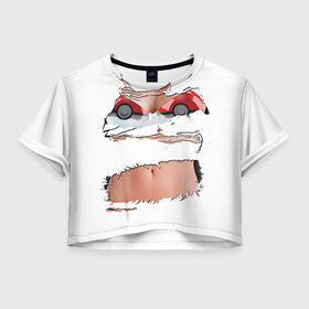 Женская футболка 3D укороченная с принтом Лифчик-покеболлы в Санкт-Петербурге, 100% полиэстер | круглая горловина, длина футболки до линии талии, рукава с отворотами | pokemon go