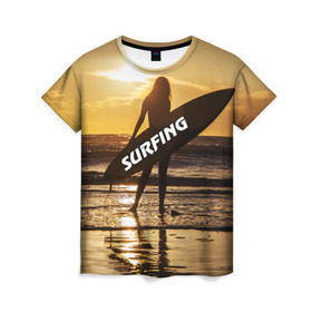 Женская футболка 3D с принтом Surfing в Санкт-Петербурге, 100% полиэфир ( синтетическое хлопкоподобное полотно) | прямой крой, круглый вырез горловины, длина до линии бедер | волна | девушка | море | прикольные картинки | сёрфинг | солнце | спорт | экстрим