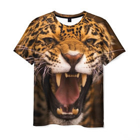 Мужская футболка 3D с принтом Леопард в Санкт-Петербурге, 100% полиэфир | прямой крой, круглый вырез горловины, длина до линии бедер | дикая кошка | клыки | леопард | оскал | хищник