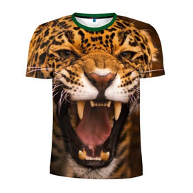 Мужская футболка 3D спортивная с принтом Леопард в Санкт-Петербурге, 100% полиэстер с улучшенными характеристиками | приталенный силуэт, круглая горловина, широкие плечи, сужается к линии бедра | дикая кошка | клыки | леопард | оскал | хищник
