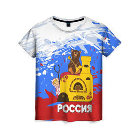 Женская футболка 3D с принтом Россия. Медведь. Балалайка в Санкт-Петербурге, 100% полиэфир ( синтетическое хлопкоподобное полотно) | прямой крой, круглый вырез горловины, длина до линии бедер | матрешка | печька | россия. медведь. балалайка