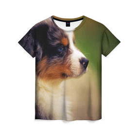 Женская футболка 3D с принтом Aussi в Санкт-Петербурге, 100% полиэфир ( синтетическое хлопкоподобное полотно) | прямой крой, круглый вырез горловины, длина до линии бедер | австралийская овчарка | животные | пёс | собака | щенок
