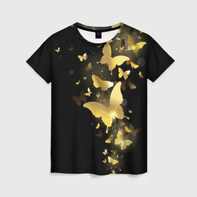 Женская футболка 3D с принтом Золотые бабочки в Санкт-Петербурге, 100% полиэфир ( синтетическое хлопкоподобное полотно) | прямой крой, круглый вырез горловины, длина до линии бедер | бабочки | девушкам | злато | золото