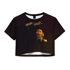 Женская футболка 3D укороченная с принтом Грустный Пикачу в Санкт-Петербурге, 100% полиэстер | круглая горловина, длина футболки до линии талии, рукава с отворотами | пикачу