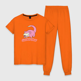 Женская пижама хлопок с принтом Slowpoke в Санкт-Петербурге, 100% хлопок | брюки и футболка прямого кроя, без карманов, на брюках мягкая резинка на поясе и по низу штанин | pikachu | pokemon | slowpoke | пикачу | покемон | покемоны | слоупок