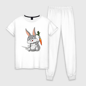Женская пижама хлопок с принтом Зайчик в Санкт-Петербурге, 100% хлопок | брюки и футболка прямого кроя, без карманов, на брюках мягкая резинка на поясе и по низу штанин | год кролика | зайчик | заяц | кролик | морковь