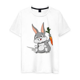Мужская футболка хлопок с принтом Зайчик в Санкт-Петербурге, 100% хлопок | прямой крой, круглый вырез горловины, длина до линии бедер, слегка спущенное плечо. | год кролика | зайчик | заяц | кролик | морковь