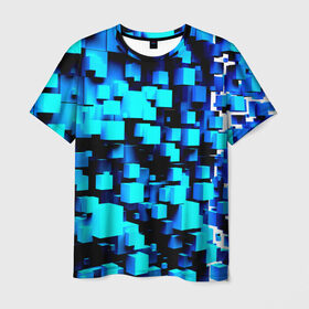 Мужская футболка 3D с принтом Кубическая текстура в Санкт-Петербурге, 100% полиэфир | прямой крой, круглый вырез горловины, длина до линии бедер | кубы | объем | синий