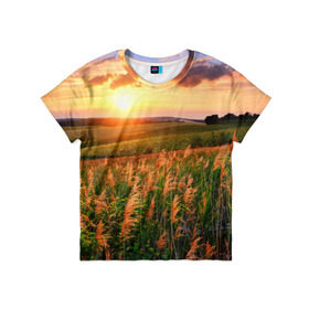Детская футболка 3D с принтом Родные просторы в Санкт-Петербурге, 100% гипоаллергенный полиэфир | прямой крой, круглый вырез горловины, длина до линии бедер, чуть спущенное плечо, ткань немного тянется | Тематика изображения на принте: sunrise | sunset | восход | деревня | закат | луг | небо | облака | поле | природа | солнце | цветы