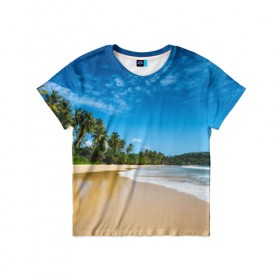 Детская футболка 3D с принтом Шикарный пляж в Санкт-Петербурге, 100% гипоаллергенный полиэфир | прямой крой, круглый вырез горловины, длина до линии бедер, чуть спущенное плечо, ткань немного тянется | Тематика изображения на принте: вода | голубое небо | жара | загар | зной | каникулы | купание | море | океан | отдых | отпуск | пальмы | песок | приключение | путешествие | туризм