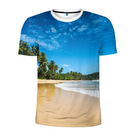 Мужская футболка 3D спортивная с принтом Шикарный пляж в Санкт-Петербурге, 100% полиэстер с улучшенными характеристиками | приталенный силуэт, круглая горловина, широкие плечи, сужается к линии бедра | Тематика изображения на принте: вода | голубое небо | жара | загар | зной | каникулы | купание | море | океан | отдых | отпуск | пальмы | песок | приключение | путешествие | туризм