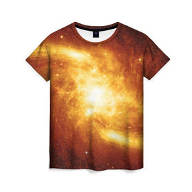 Женская футболка 3D с принтом Огненная галактика в Санкт-Петербурге, 100% полиэфир ( синтетическое хлопкоподобное полотно) | прямой крой, круглый вырез горловины, длина до линии бедер | вселенная | галактика | звёзды | земля | комета | космос | метеориты | метеоры | млечный путь | орбита | планеты | солнечная система | солнце