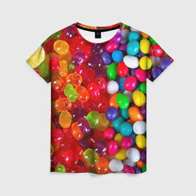 Женская футболка 3D с принтом Вкусняшки в Санкт-Петербурге, 100% полиэфир ( синтетическое хлопкоподобное полотно) | прямой крой, круглый вырез горловины, длина до линии бедер | вкуснотища | вкусняшки | глазурь | карамельки | конфетки | конфеты | мармеладки | сахар | сладости