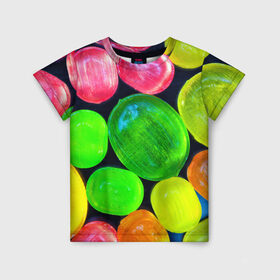 Детская футболка 3D с принтом Карамельки в Санкт-Петербурге, 100% гипоаллергенный полиэфир | прямой крой, круглый вырез горловины, длина до линии бедер, чуть спущенное плечо, ткань немного тянется | вкусности | вкусняшки | карамельки | конфетки | конфеты | леденцы | сахар | сладости
