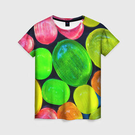Женская футболка 3D с принтом Карамельки в Санкт-Петербурге, 100% полиэфир ( синтетическое хлопкоподобное полотно) | прямой крой, круглый вырез горловины, длина до линии бедер | вкусности | вкусняшки | карамельки | конфетки | конфеты | леденцы | сахар | сладости