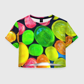 Женская футболка 3D укороченная с принтом Карамельки в Санкт-Петербурге, 100% полиэстер | круглая горловина, длина футболки до линии талии, рукава с отворотами | вкусности | вкусняшки | карамельки | конфетки | конфеты | леденцы | сахар | сладости
